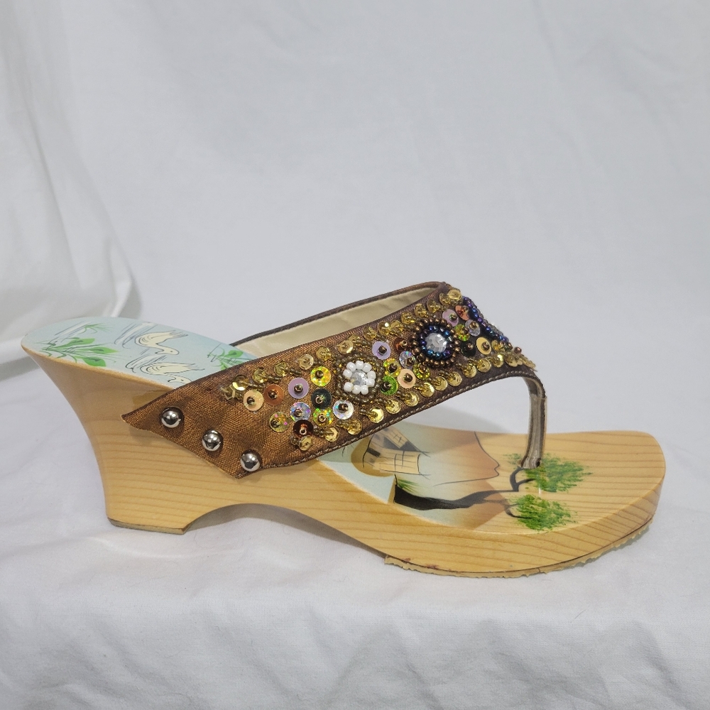 Vintage Y2K Bamboo Wooden Wedge Sandals Boho Sequin Painted Size 7 - Picture 2 of 13